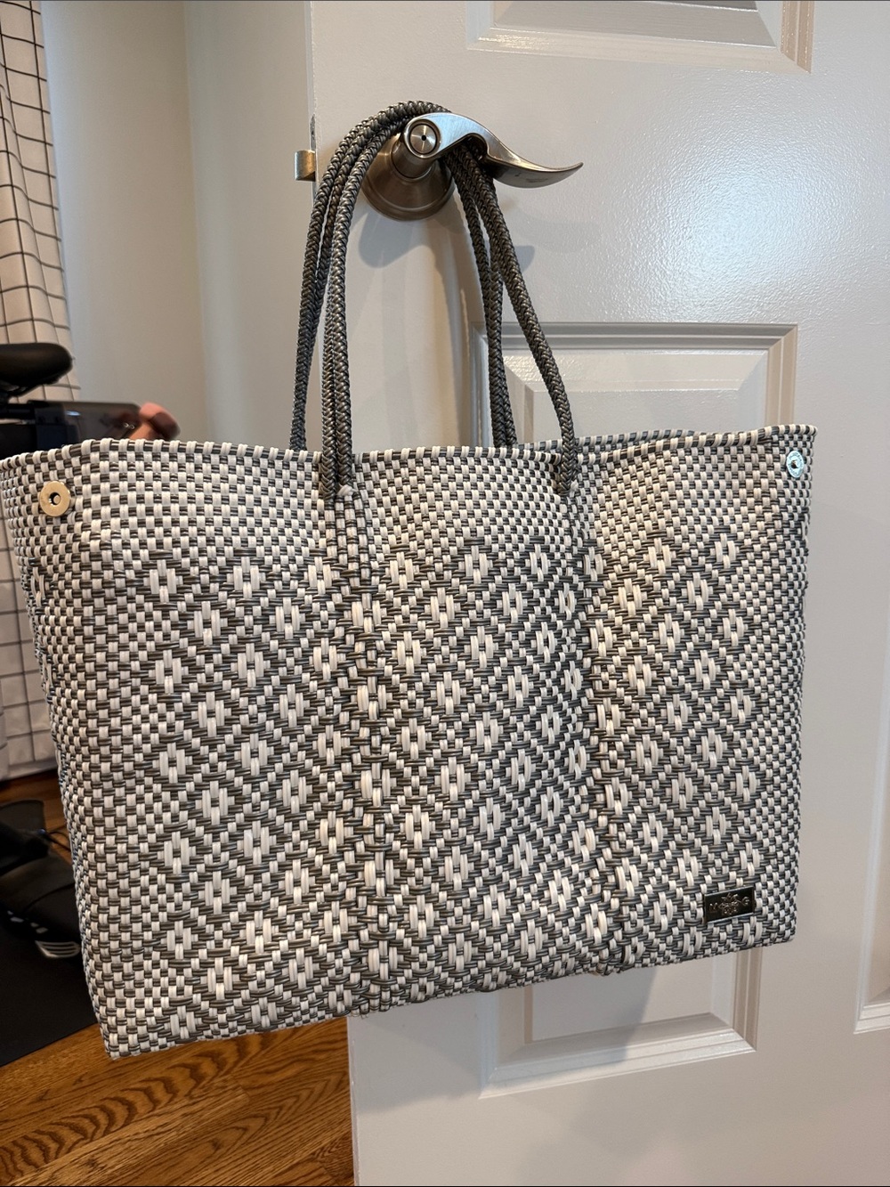 Mexican Design Woven Tote Bag in Gray & White
